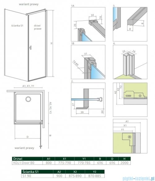 Radaway Nes Kdj I kabina 80x90cm prawa szkło przejrzyste 10022080-01-01R/10039090-01-01