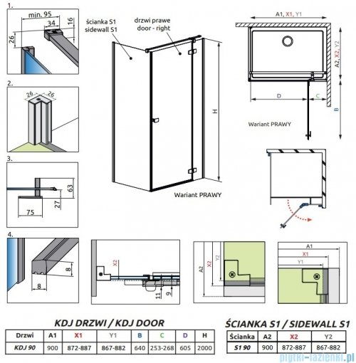 Radaway Fuenta Kdj kabina 90x90cm prawa chrom połysk szkło przejrzyste 1384044-01-01R/1384050-01-01