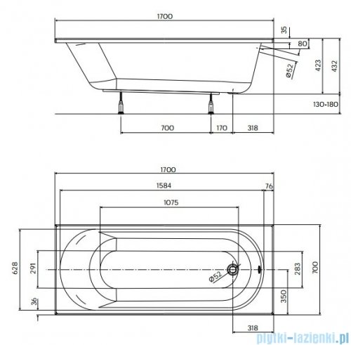 Koło Opal Plus wanna prostokątna z powłoką AntiSlide 170x70cm rysunek techniczny