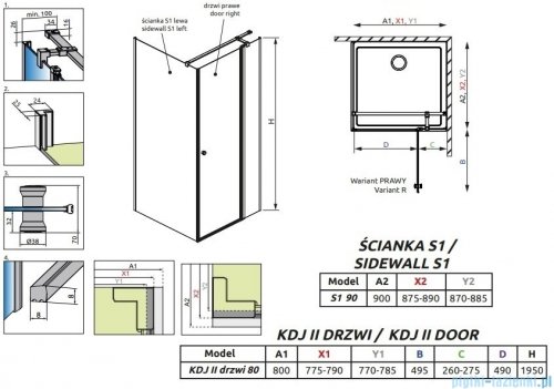 Radaway Eos KDJ II kabina prysznicowa 80x90 prawa przejrzyste 13799420-01R/13799411-01