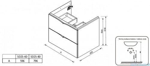 rysunek techniczny Oristo Siena szafka podumywalkowa wisząca 80x50x45cm dąb czarny OR45-SD2S-80-50