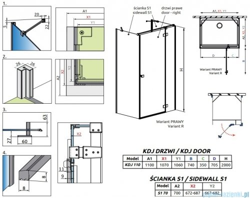 Radaway Essenza Brushed Copper Kdj+S kabina 70x110x70cm prawa szczotkowana miedź 1384048-01-01/1385023-93-01R/1384048-01-01