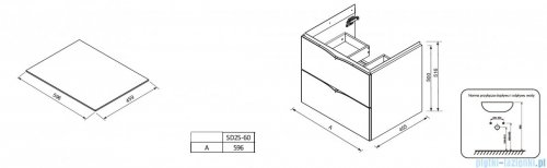 rysunek techniczny Oristo Siena szafka z blatem 60x50x45cm biały połysk OR45-SD2S-60-1/OR00-BU-60-1