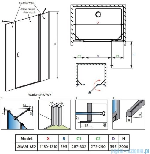 Radaway Nes 8 Dwjs drzwi wnękowe 120cm prawe przejrzyste 10084590-01-01R/10084610-01-01