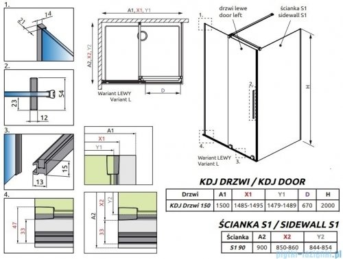 Radaway Furo Kdj Brushed Nickel kabina 150x90cm lewa szczotkowany nikiel 10104772-91-01L/10110730-01-01/10113090-01-01