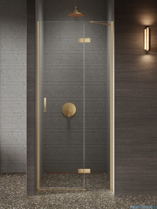 New Trendy Nesta Gold Brushed 80x200 cm drzwi wnękowe prawe wspornik skośny złoto szczotkowane/szkło przejrzyste D-0867A
