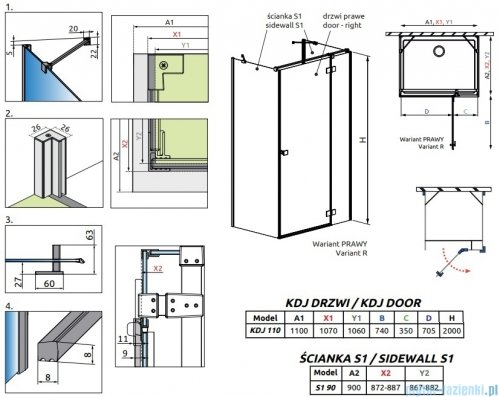 Radaway Essenza Brushed GunMetal Kdj+S kabina 90x110x90cm prawa szczotkowany grafit 1384050-01-01/1385023-92-01R/1384050-01-01