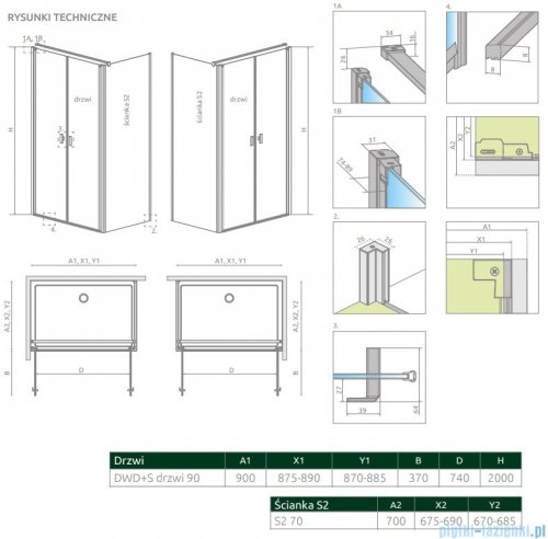 Radaway Nes DWD+S kabina 90x70cm szkło przejrzyste rysunek techniczny