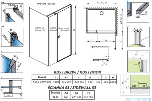 Radaway Nes Kds I Brushed Nickel kabina 100x70cm prawa szczotkowany nikiel 10023100-91-01R/10043070-91-01
