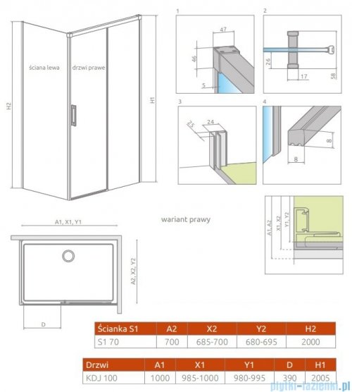 Radaway Idea Kdj kabina 100x70cm prawa szkło przejrzyste 387040-01-01R/387048-01-01L