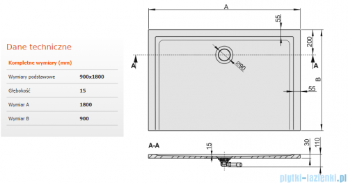 Sanplast Brodzik prostokątny Space Mineral 180x90x1,5cm + syfon 645-290-0610-01-000