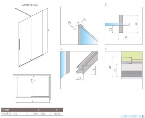 Radaway Furo kabina Walk-in 120x200cm prawa szkło przejrzyste 10106638-01-01R/10110594-01-01