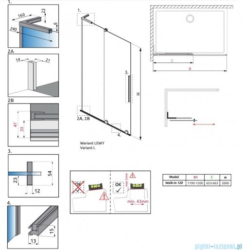 Radaway Furo SL Brushed Copper kabina Walk-in 120x200cm lewa szczotkowana miedź 10306638-93-01L/10110594-01-01