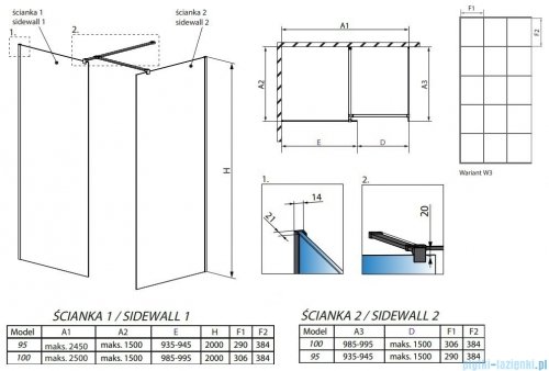 Radaway Modo New Black III kabina Walk-in 95x100x200 Factory rysunek techniczny