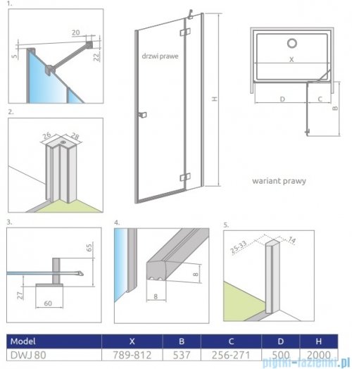 Radaway Essenza 8 Brushed Nickel Dwj drzwi wnękowe 80cm prawe szczotkowany nikiel/szkło przejrzyste 10480512-01-01R/10460237-91-01R