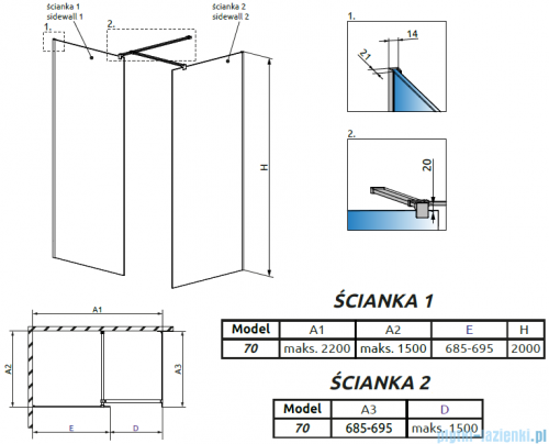 Radaway Modo New III kabina Walk-in 70x70x200 szkło przejrzyste 389074-01-01/389074-01-01/389000-01