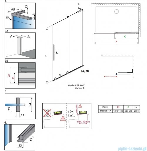 Radaway Furo SL Brushed Copper kabina Walk-in 110x200cm prawa szczotkowana miedź 10306588-93-01R/10110544-01-01