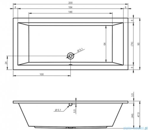 Riho Lusso 200x90cm wanna prostokątna z hydromasażem Pneumatic prawa + nogi + syfon BA60-PNE-P