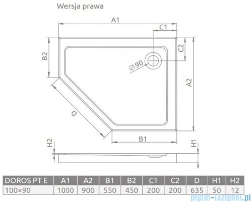 Radaway Doros Pt E Stone brodzik pięciokątny 100x90x5cm prawy biały SDRPT1090-01-04SR