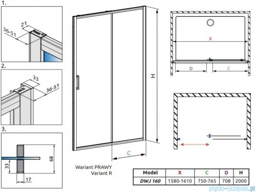 Radaway Premium Pro Black Dwj drzwi 160cm prawe czarny mat/szkło przejrzyste 1014160-54-01R