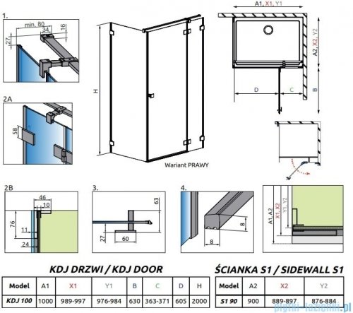 Radaway Essenza Pro Kdj kabina 100x90cm prawa przejrzyste 10097100-01-01R/10098090-01-01