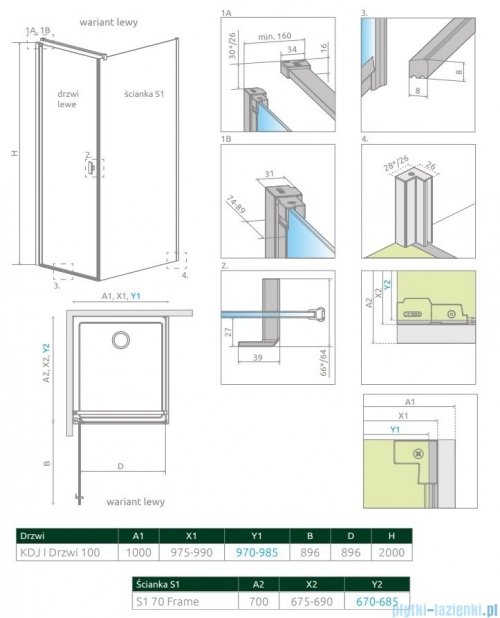 Radaway Nes 8 Black Kdj I Frame kabina 100x70cm lewa czarny mat/szkło przejrzyste 10072100-54-56L/10089070-54-56