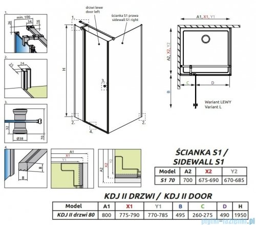 Radaway Eos KDJ II kabina prysznicowa 80x70 lewa przejrzyste 13799420-01L/13799408-01