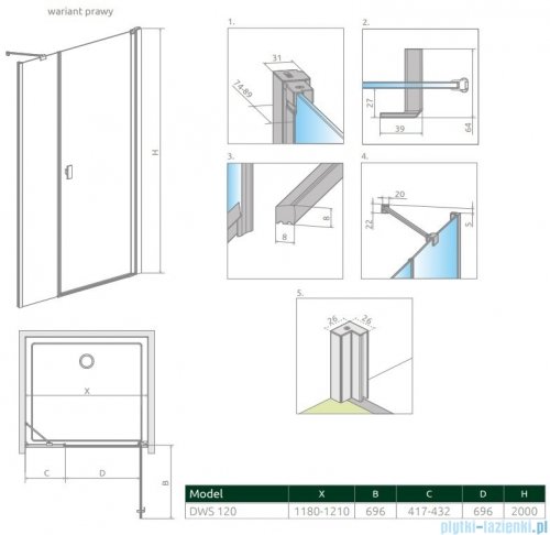 Radaway Nes Dws drzwi wnękowe 120cm prawe szkło przejrzyste 10028120-01-01R