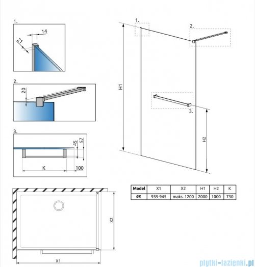 Radaway Modo New II Brushed Copper z wieszakiem kabina Walk-in 95x200 szczotkowana miedź 389095-93-01W