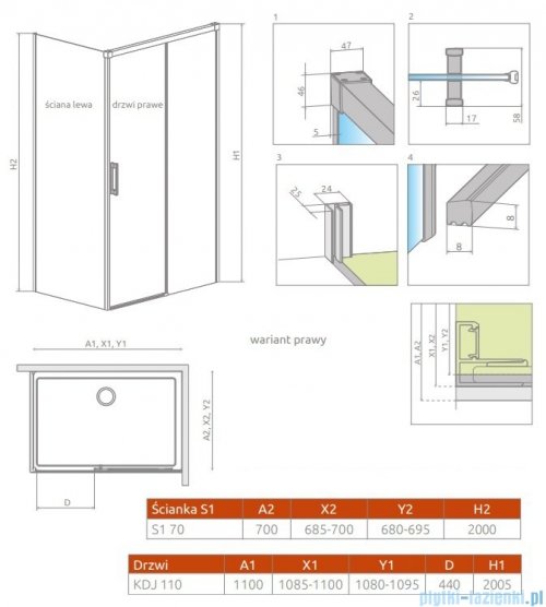 Radaway Idea Kdj Brushed GunMetal kabina 110x70cm prawa szczotkowany grafit 387041-92-01R/387048-92-01L