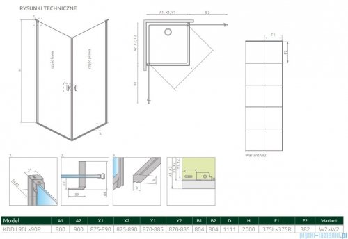 Radaway Nes Black Kdd I Factory kabina 90x90cm rysunek techniczny