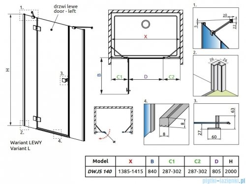 Radaway Essenza Black Dwjs drzwi wnękowe 140cm lewe szkło przejrzyste 1385033-54-01L/1384090-01-01