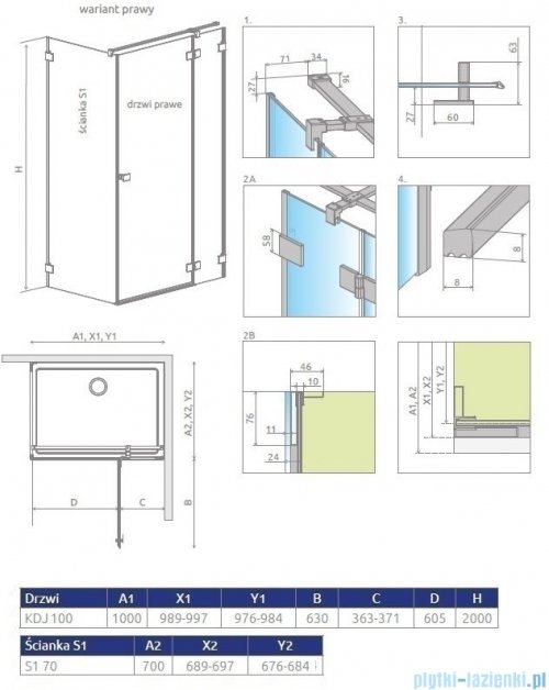 Radaway Essenza Pro White Kdj kabina 100x70cm prawa szkło przejrzyste 10097100-04-01R/10098070-01-01