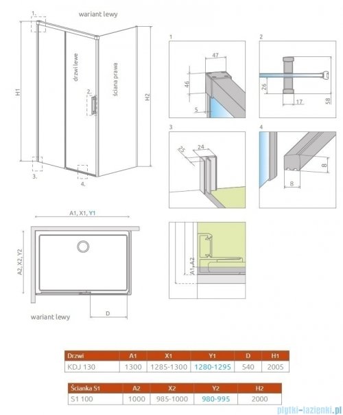 Radaway Idea Gold Kdj kabina 130x100cm lewa złoty połysk/szkło przejrzyste 387043-09-01L/387052-09-01R