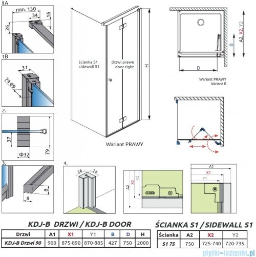 Radaway Nes Kdj B Brushed Nickel kabina 90x75cm prawa szczotkowany nikiel 10025090-91-01R/10039075-01-01