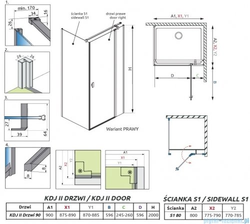 Radaway Nes Kdj II Brushed GunMetal kabina 90x80cm prawa szczotkowany grafit 10032090-92-01R/10039080-01-01