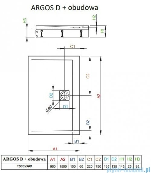 Radaway Argos D Brodzik prostokątny 150x90x14,5cm + nogi 4ADN915-02