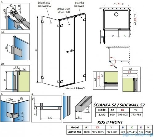 Radaway Arta Kds II kabina 100x80cm prawa szkło przejrzyste 386521-03-01L+1386103-03-01+386110-03-01