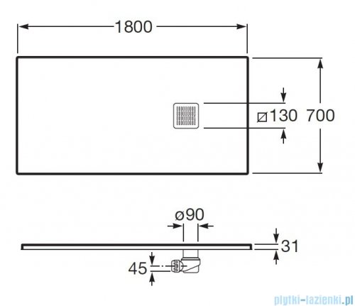 Roca Terran 180x70cm brodzik prostokątny konglomeratowy biały AP1017082BC01100