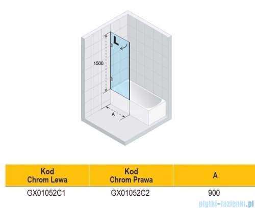 Riho Scandic NXT X107 parawan nawannowy prawy chrom 90x150cm G001132120