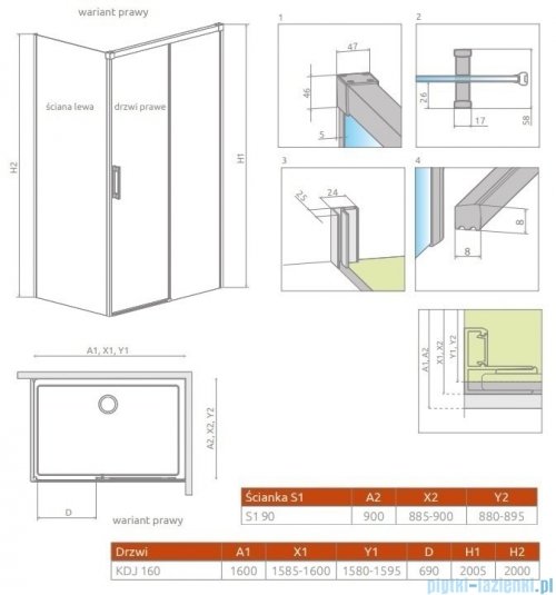 Radaway Idea Black Kdj kabina 160x90cm prawa czarny mat/szkło przejrzyste 387046-54-01R/387050-54-01L