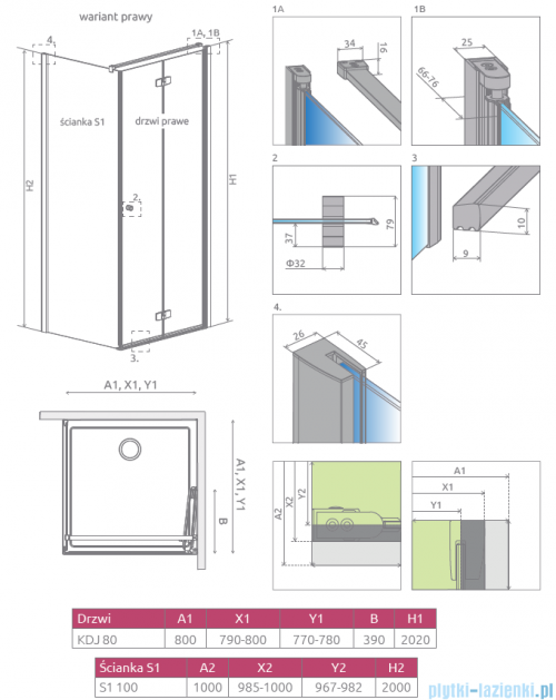 Radaway Fuenta New KDJ-B kabina prysznicowa 80x100 prawa przejrzyste + brodzik Doros D + syfon 384081-01-01R/384052-01-01/SDRD1080-01