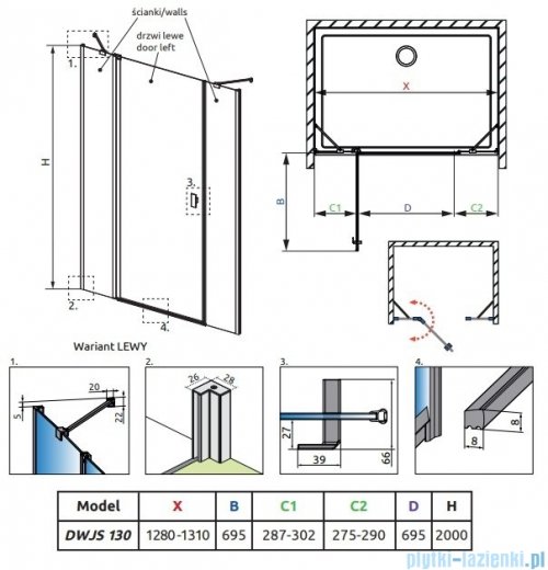 Radaway Nes 8 Black Dwjs drzwi wnękowe 130cm lewe czarny mat/szkło przejrzyste 10084690-54-01L/10084610-54-01