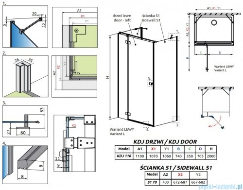 Radaway Essenza Brushed Nickel Kdj+S kabina 70x110x70cm lewa szczotkowany nikiel 1384048-01-01/1385023-91-01L/1384048-01-01