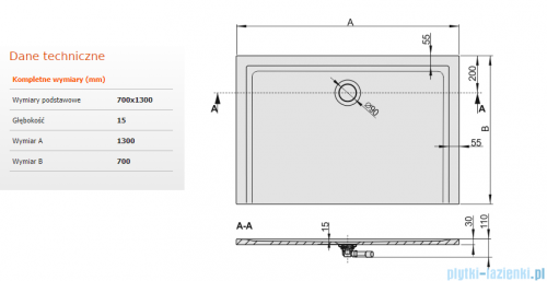 Sanplast Space Mineral brodzik prostokątny B-M/SPACE 70x130x1,5cm+syfon 645-290-0160-01-000