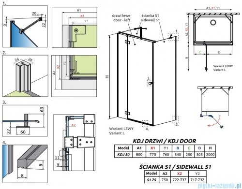 Radaway Essenza Brushed Copper Kdj+S kabina 75x80x75cm lewa szczotkowana miedź 1384049-01-01/1385021-93-01L/1384049-01-01