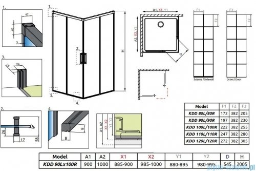 Radaway Idea Black Kdd Factory kabina prysznicowa 90x100cm czarny mat/szkło przejrzyste 387060-54-55L/387062-54-55R