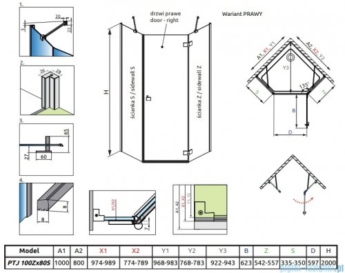Radaway Essenza 8 Ptj kabina pięciokątna 100x80cm prawa szkło przejrzyste 10490000-01-01R/10490800-01-01