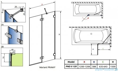 Radaway Essenza Pro Brushed Copper Pnd II parawan nawannowy 120cm prawy szczotkowana miedź 10102120-93-01R