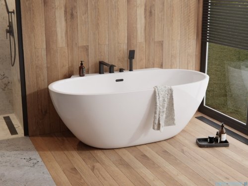 ScandiBath Mandal wanna wolnostojąca/przyścienna z korkiem i przelewem CZARNYM 170x85cm  Q360S-1701OEMBL